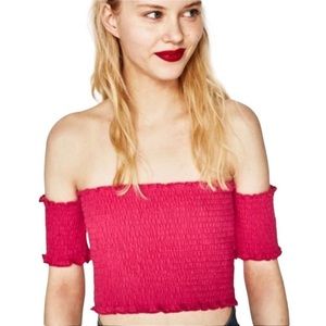 *Zara Trafulac Hot Pink Barbiecore Smocked Off Shoulder Cropped Tube Top #R